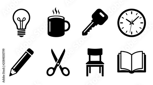 Office icons, business symbols, productivity signs, black and white graphics, vector set