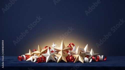 Golden Christmas stars, red and white decorations, holiday ornaments, festive arrangement