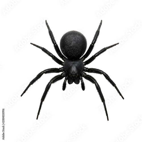 Obraz na plátně Top view of a black spider with eight legs and bulbous abdomen arachnid insect