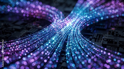 High Speed Fiber Optic Cables Transmitting Digital Data in Glowing Purple and Blue Network Connection