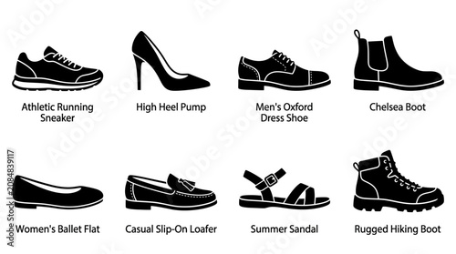 Shoe icons, footwear illustrations, 8 types of shoes, black and white vector graphics