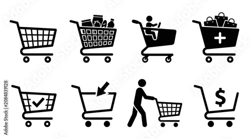 Shopping cart icons, e-commerce symbols, black shopping carts, checkout signs, retail illustrations