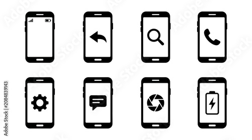 Mobile phone icons, smartphone symbols, vector graphics, UI elements, black and white