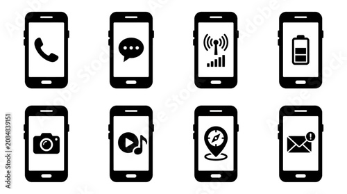 Mobile phone icons, smartphone symbols, communication signs, vector graphics