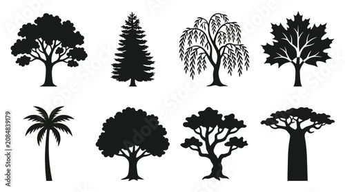 Tree silhouettes, black tree icons, tree set, 8 tree shapes