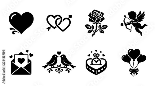 Valentine's Day icons, love symbols, heart shapes, romantic graphics, 8 black vector graphics