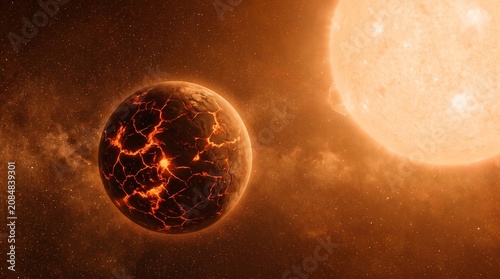 Cinematic 3D Illustration of a Cracked Volcanic Planet Orbiting a Bright Glowing Sun in Deep Space, Molten Lava Exoplanet in a Fiery Galaxy
