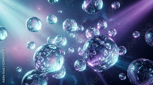 Abstract Floating Transparent Spheres with Cinematic Light Rays and Glowing Particles in Deep Space