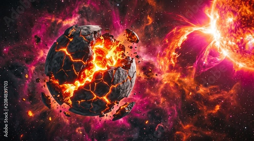 Exploding Planet with Molten Lava Core in Deep Space Nebula, Cinematic Cosmic Destruction Scene with Glowing Sun and Stars