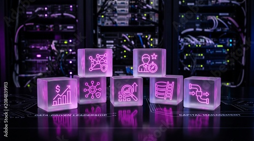 Digital Transformation and Data Management Concept with Glowing Pink Cubes and Business Icons in a High-Tech Server Room