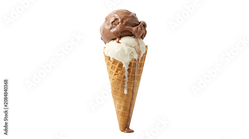 A delicious ice cream cone with two scoops melting on a transparent background