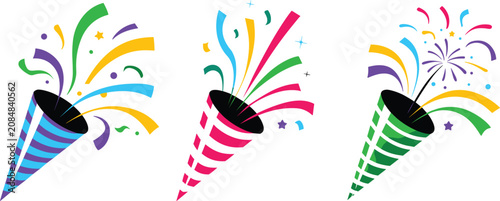 Photos Colorful party popper vector illustration set popping with bright festive confet