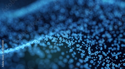 Abstract Blue Particle Wave Flowing on Dark Background, Digital Data and Technology Concept with Bokeh