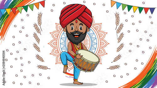 Obraz na plátně Happy Baisakhi harvest festival vector banner with punjabi man dancing bhangra a