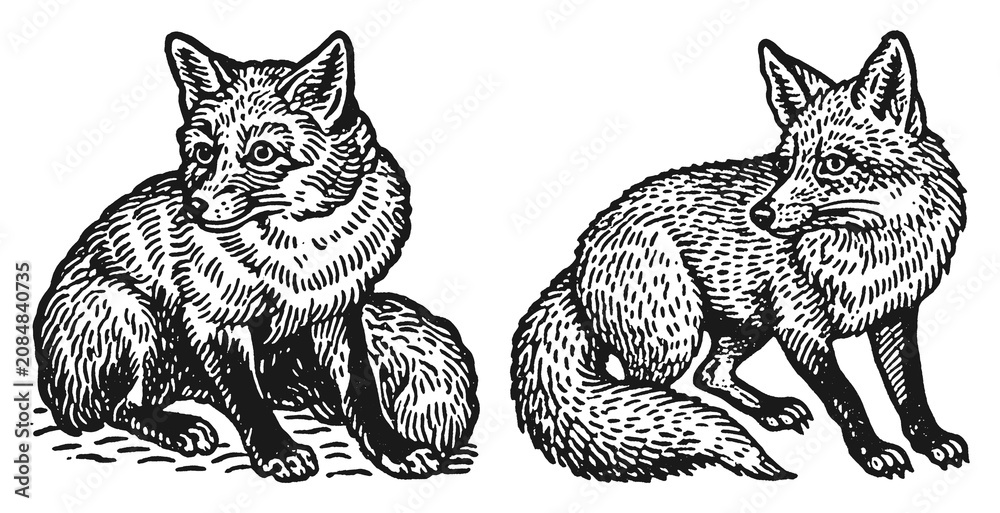 Fototapeta premium PNG Vintage fox sketch set with sitting and curled poses, transparent background
