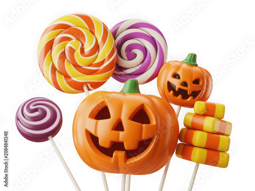 Colorful halloween candy lollipops with pumpkin jack o lantern faces and candy corn treats on sticks isolated on transparent background