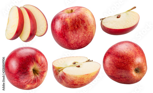 Collection of red apples, apple slices isolated on white background. File contains clipping paths.