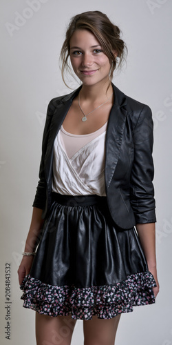 Cute young woman with arbitrary hairdo, standing in front of a clean pure background