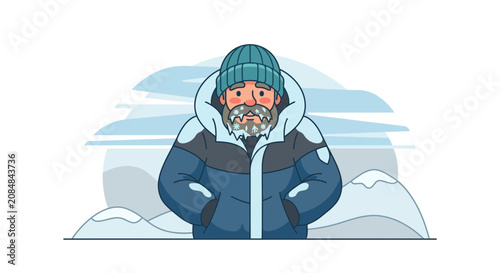 Bearded man in heavy winter gear during blizzard.