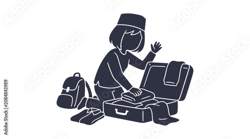 Muslim Woman Packing Suitcase for Travel, Religious Headwear, Backpack