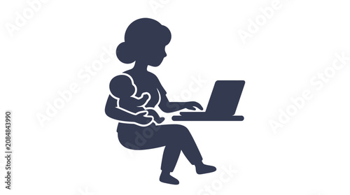 Mother working on laptop holding baby, multitasking parent, remote work icon