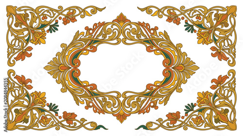 Quadro su tela Floral ornament with swirling leaves and a central cartouche silhouette
