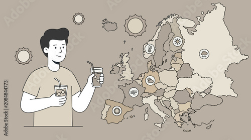 Man staying hydrated with iced drinks near Europe map.