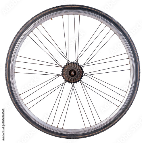 A rear bicycle wheel with tire and gears on an isolated background. A very sparse spoke pattern.