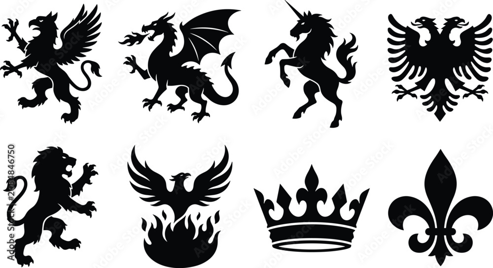 Fototapeta premium Heraldic Mythical Creature and Royal Emblem Silhouette Icon Set Featuring Griffin Dragon Unicorn Crown Lion and Phoenix