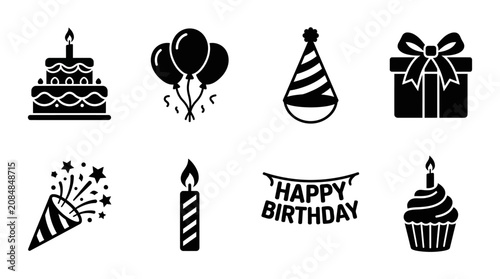 Birthday icons, black and white, vector graphics, 8 elements, celebration symbols