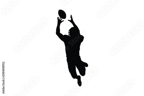 A dynamic vector silhouette of an American football player leaping high into the air to expertly catch a game winning pass during an intense match showcasing athletic skill determination and competiti