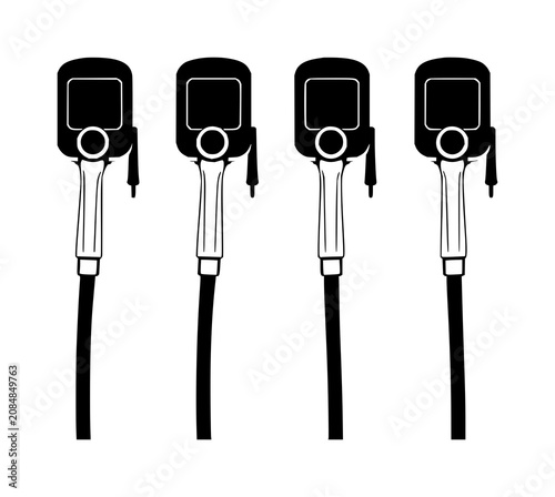 Gas pumps set with four minimalist vector illustrations in a row, each featuring two nozzles and front-on perspective, including black and white color contrast with modern monochrome design.