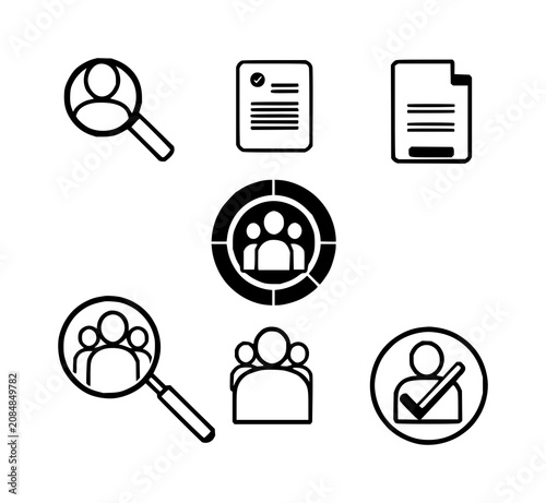 Job search icons set with six minimal black and white vector icons arranged in a 3x2 grid featuring magnifying glass, person, target, checkmark with CV document and group icons