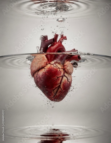 Human Heart Submerged In Water For Cardiology And Medical Research Concept