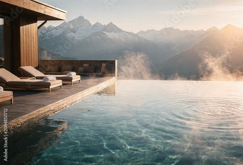Mountain Resort Infinity Pool With Steam At Sunrise Luxury Travel Scene
