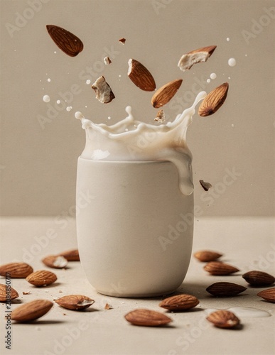 Almonds Splashing Into Milk Jar For Fresh Plant Based Drink Concept