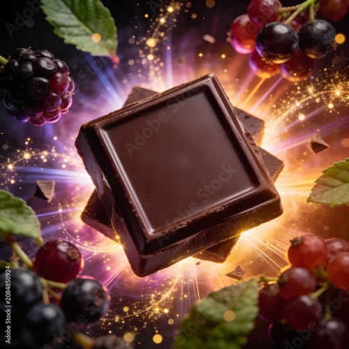 Chocolate square with colorful berries and glowing confectionery splash
