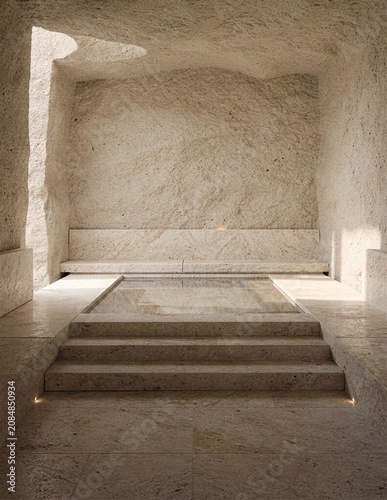 Minimal stone spa room with steps and soft architectural lighting