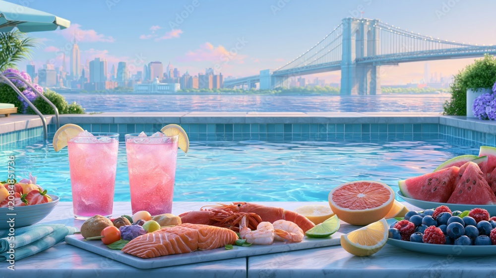 Fototapeta premium Quality seafood and fruit served poolside with city skyline in the background during bright sunny day