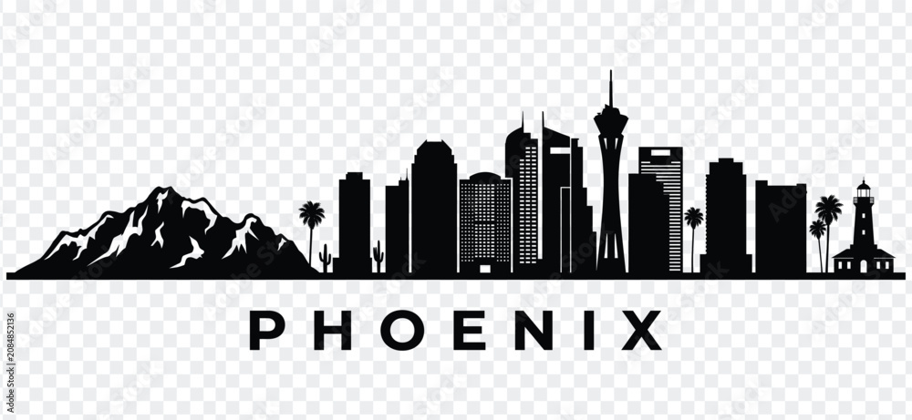 Obraz premium Phoenix arizona city skyline silhouette with mountains, desert landscape, and lighthouse vector illustration