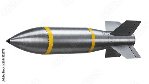 Fotografía Isolated modern silver aerial bomb with yellow bands and tail fins, weapon equip