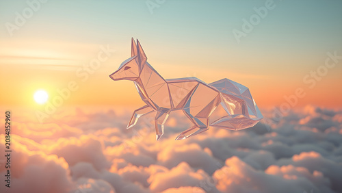 Glass crystalline fox jumping over clouds during sunset in a clear sky