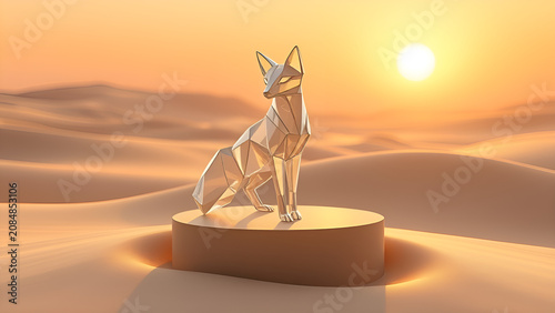 chrome low poly fox sculpture on a podium in a desert landscape at sunset