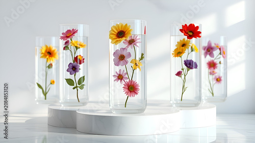 Five glass vases with colorful flowers arranged on white circular podiums