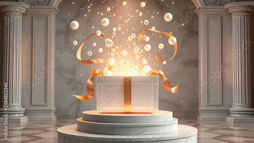 Open glowing gift box with pearls and ribbons on marble pedestal in classical hall