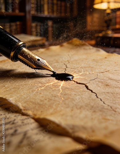 Fountain pen drawing ink line across cracked paper in warm library light