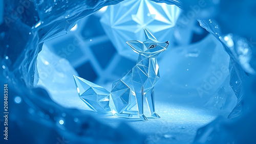 Low poly blue crystalline fox sitting inside an ice cave with geometric patterns