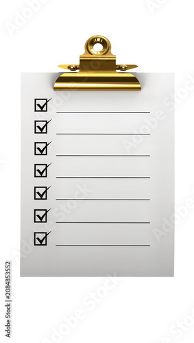 Isolated golden metal clipboard with a paper checklist showing all completed tasks