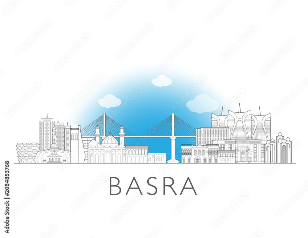 Obraz premium Basra skyline, Iraq. Urban cityscape with landmarks and monuments. Hand drawn line art digital skyline illustration.