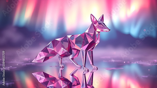 low poly crystal fox standing on reflective ice with pink aurora borealis background
